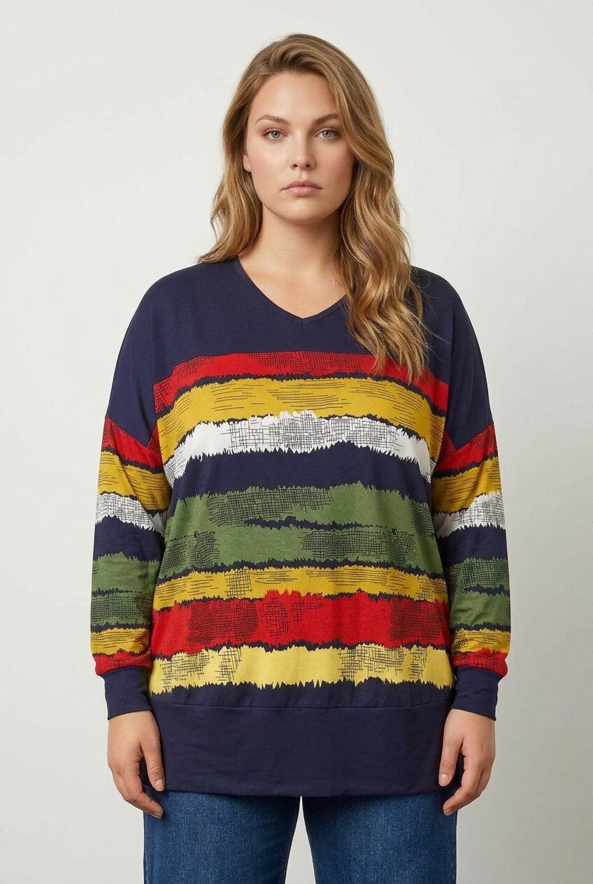 Plus Size V-Neck Striped Side Slit Long Sleeve Blouse