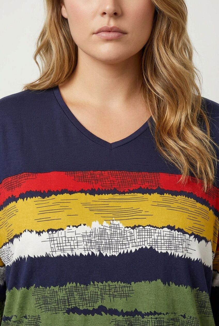 Plus Size V-Neck Striped Side Slit Long Sleeve Blouse