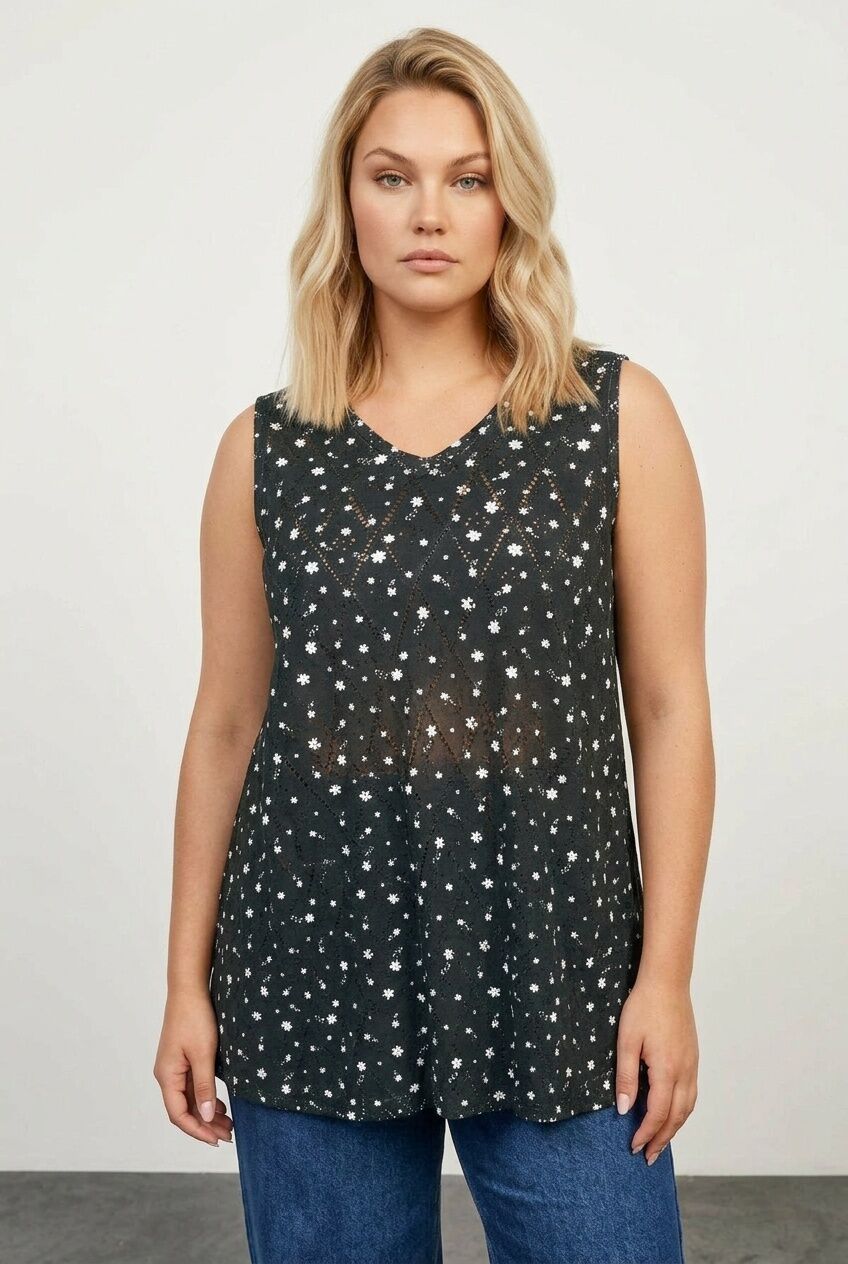 Plus Size V-Neck Lace Detailed Unlined Sleeveless Blouse