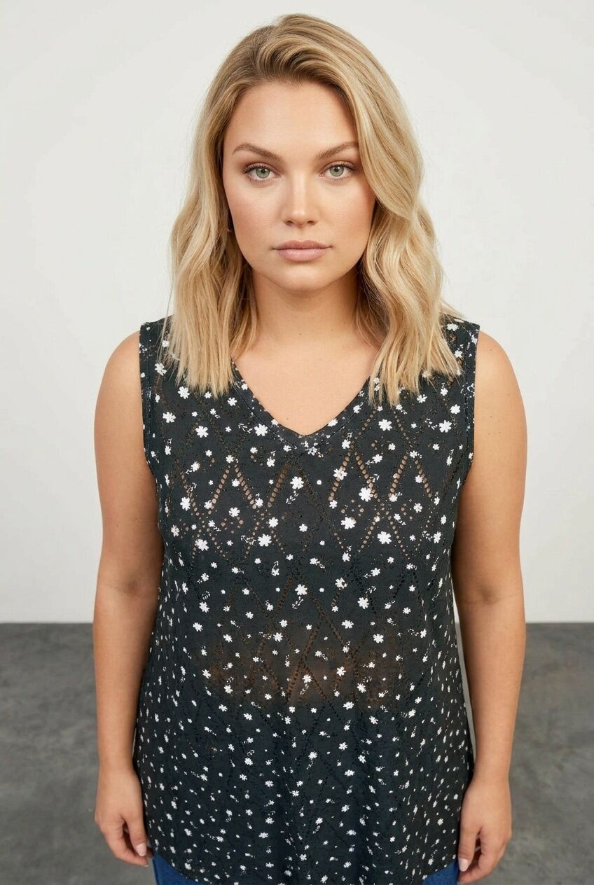 Plus Size V-Neck Lace Detailed Unlined Sleeveless Blouse
