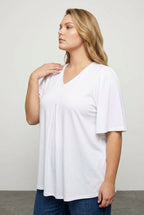 Plus Size V-Neck Patterned Asymmetrical Cut Stretchy Blouse