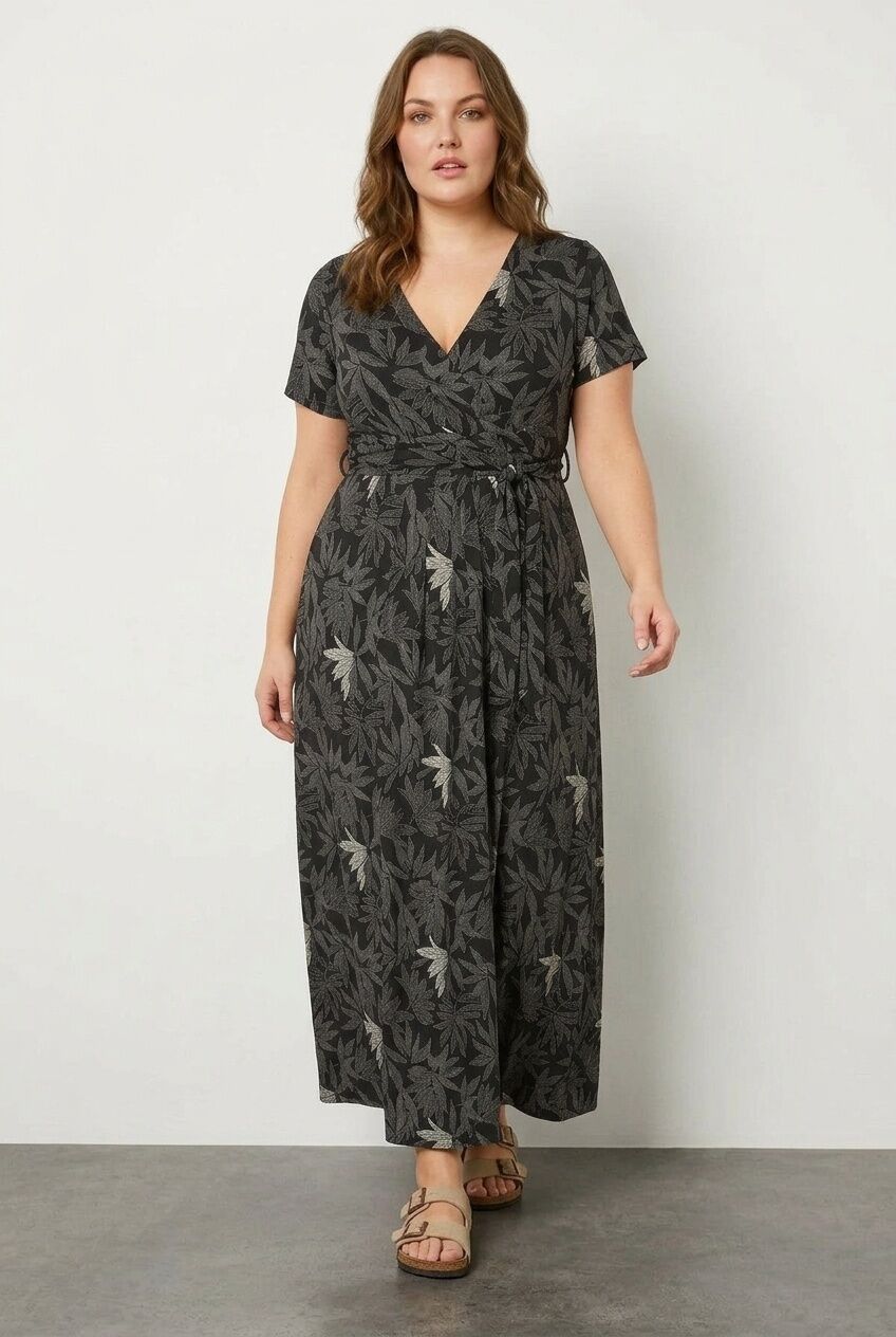 Plus Size V-Neck Patterned Belted Short Sleeve Wrap Dress