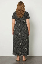 Plus Size V-Neck Patterned Belted Short Sleeve Wrap Dress