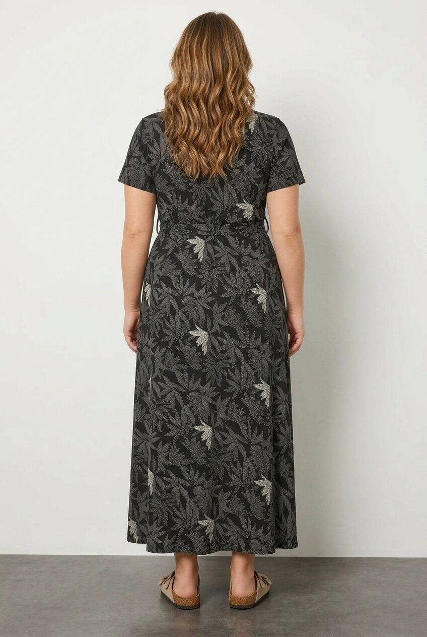 Plus Size V-Neck Patterned Belted Short Sleeve Wrap Dress