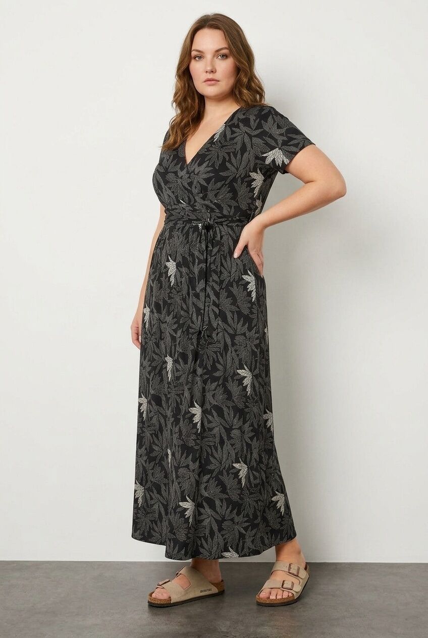 Plus Size V-Neck Patterned Belted Short Sleeve Wrap Dress