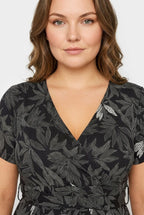 Plus Size V-Neck Patterned Belted Short Sleeve Wrap Dress
