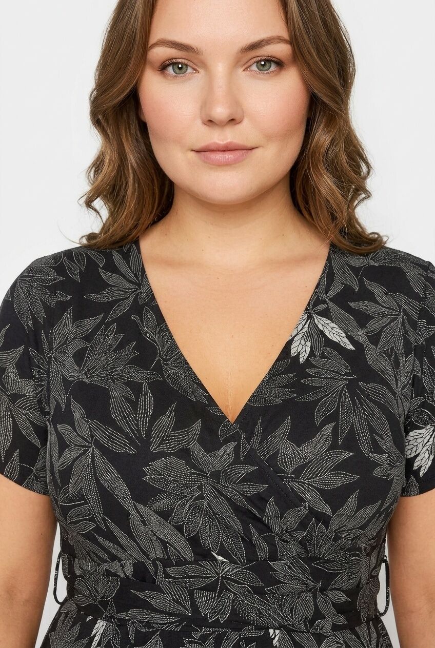 Plus Size V-Neck Patterned Belted Short Sleeve Wrap Dress