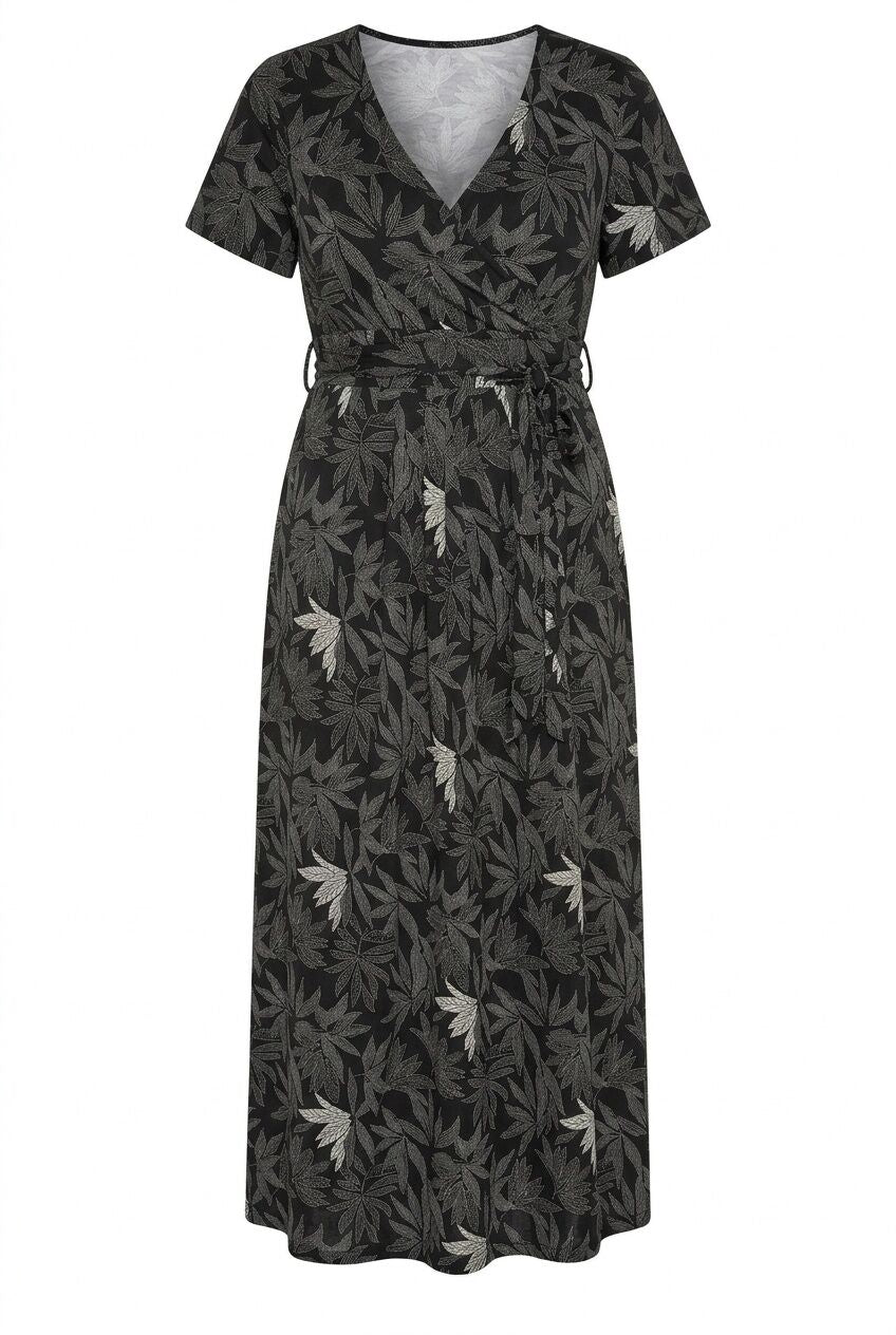 Plus Size V-Neck Patterned Belted Short Sleeve Wrap Dress
