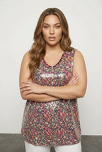 Plus Size V-Neck Patterned Sequin Embellished Sleeveless Blouse