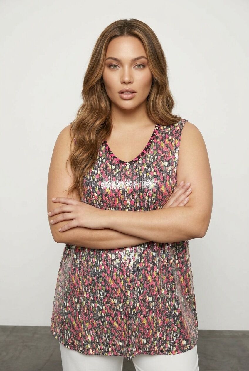 Plus Size V-Neck Patterned Sequin Embellished Sleeveless Blouse