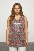 Plus Size V-Neck Patterned Sequin Embellished Sleeveless Blouse