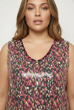 Plus Size V-Neck Patterned Sequin Embellished Sleeveless Blouse