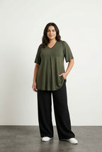 Plus Size V-Neck Plain Asymmetrical Cut Stretchy Blouse