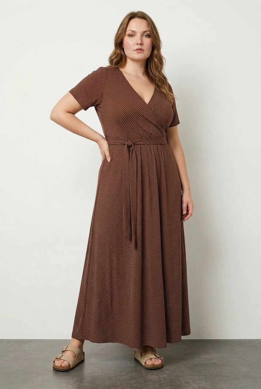 Plus Size V-Neck Belted Stretchy Wrap Dress
