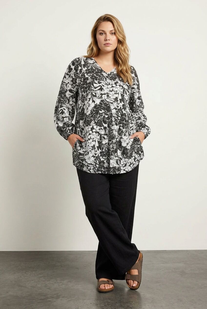 Plus Size V-Neck Long Sleeve Stretchy Blouse with Elasticated Cuffs and Ruffled Hem