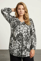 Plus Size V-Neck Long Sleeve Stretchy Blouse with Elasticated Cuffs and Ruffled Hem