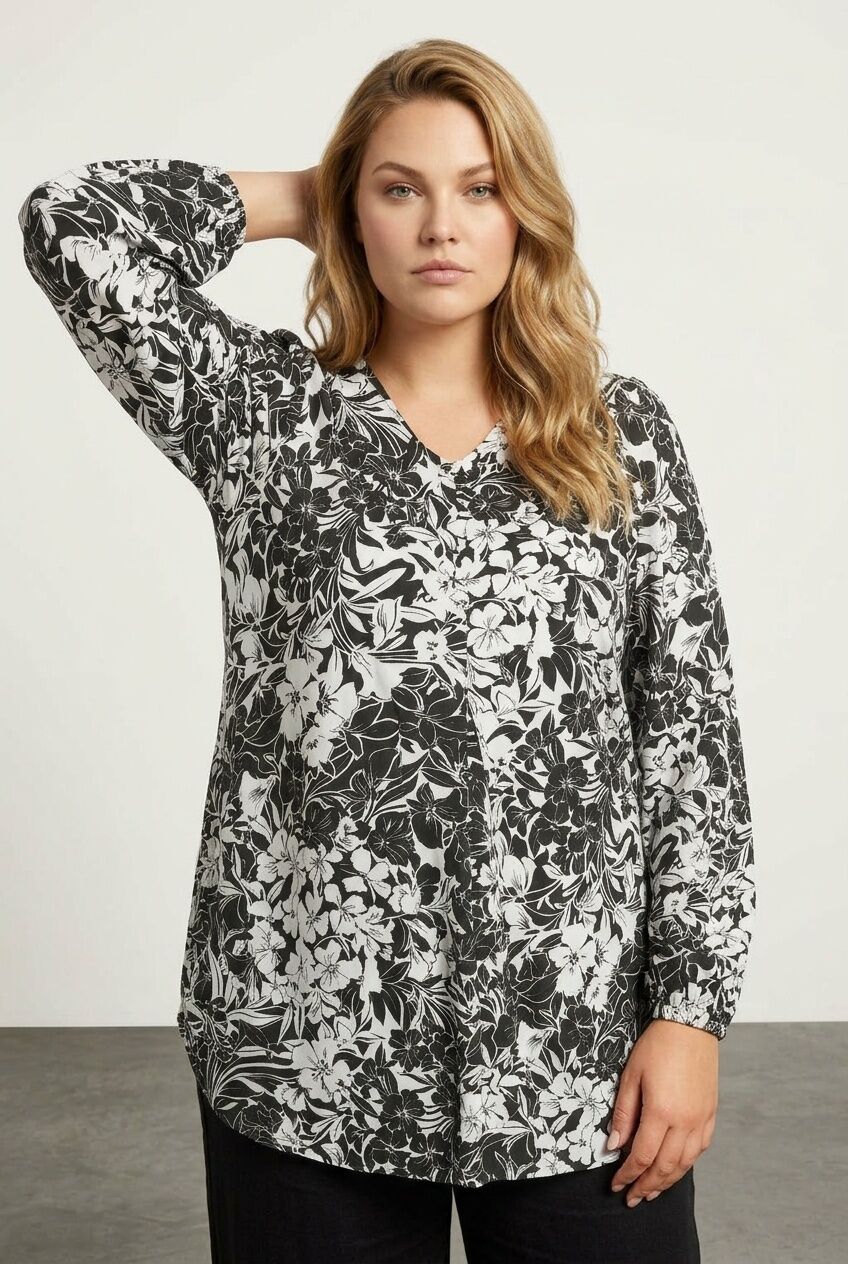 Plus Size V-Neck Long Sleeve Stretchy Blouse with Elasticated Cuffs and Ruffled Hem