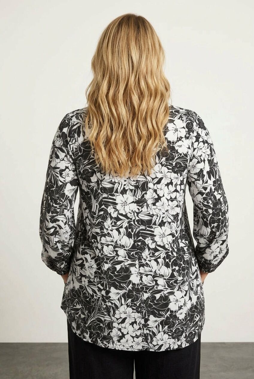 Plus Size V-Neck Long Sleeve Stretchy Blouse with Elasticated Cuffs and Ruffled Hem