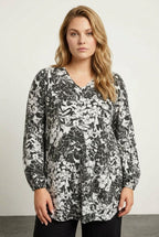 Plus Size V-Neck Long Sleeve Stretchy Blouse with Elasticated Cuffs and Ruffled Hem