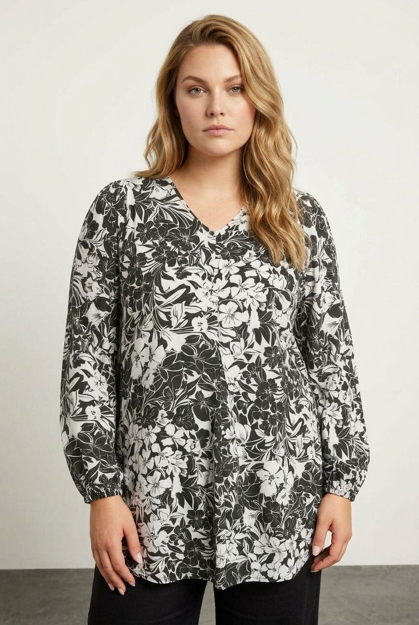 Plus Size V-Neck Long Sleeve Stretchy Blouse with Elasticated Cuffs and Ruffled Hem