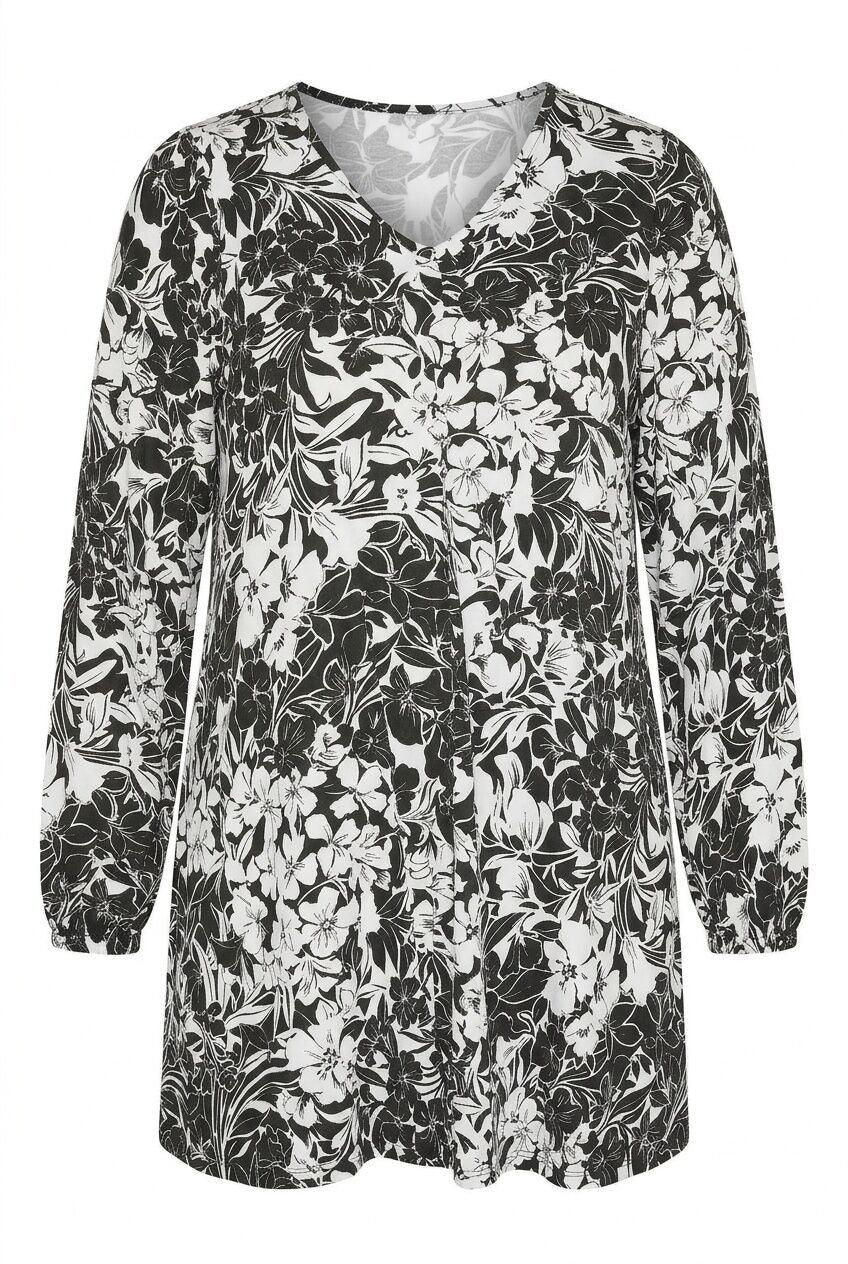 Plus Size V-Neck Long Sleeve Stretchy Blouse with Elasticated Cuffs and Ruffled Hem