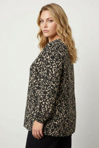 Plus Size V-Neck Long Sleeve Patterned Blouse with Elasticated Cuffs