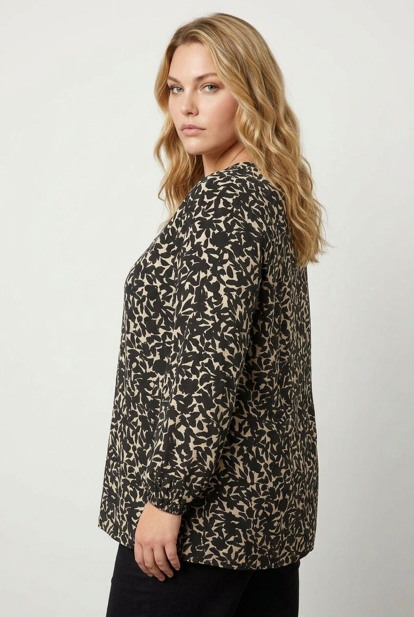 Plus Size V-Neck Long Sleeve Patterned Blouse with Elasticated Cuffs