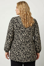 Plus Size V-Neck Long Sleeve Patterned Blouse with Elasticated Cuffs