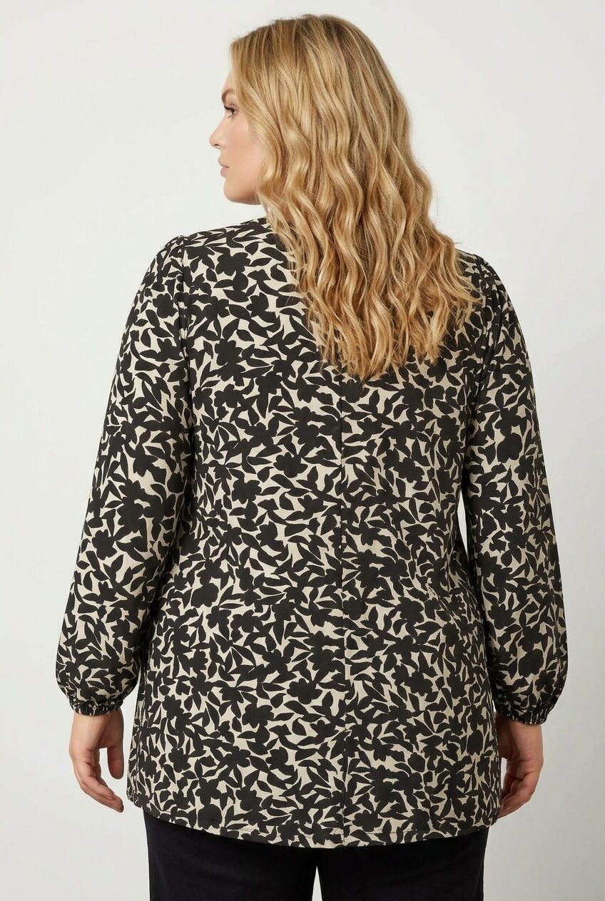 Plus Size V-Neck Long Sleeve Patterned Blouse with Elasticated Cuffs