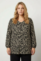Plus Size V-Neck Long Sleeve Patterned Blouse with Elasticated Cuffs