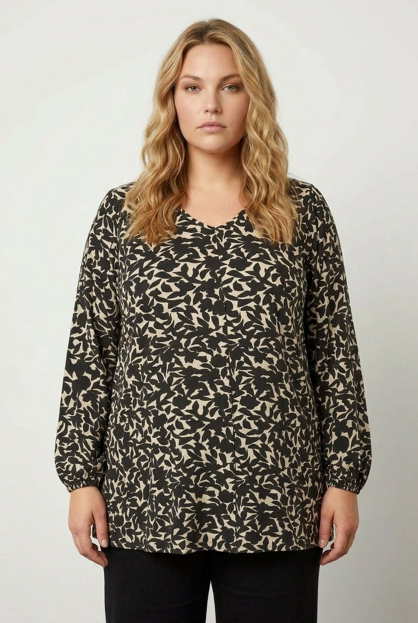 Plus Size V-Neck Long Sleeve Patterned Blouse with Elasticated Cuffs