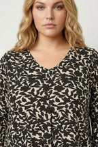 Plus Size V-Neck Long Sleeve Patterned Blouse with Elasticated Cuffs