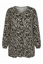 Plus Size V-Neck Long Sleeve Patterned Blouse with Elasticated Cuffs