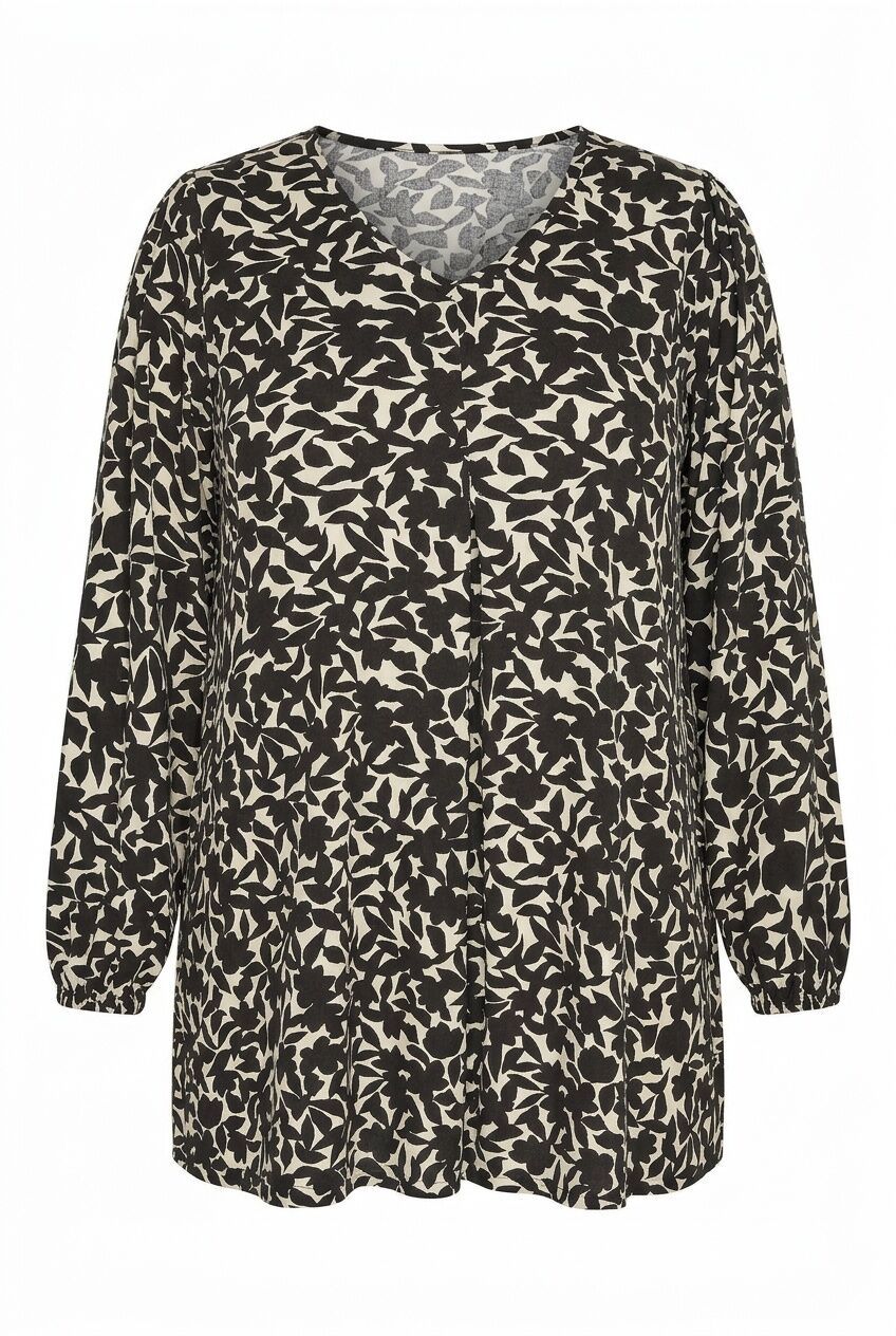 Plus Size V-Neck Long Sleeve Patterned Blouse with Elasticated Cuffs