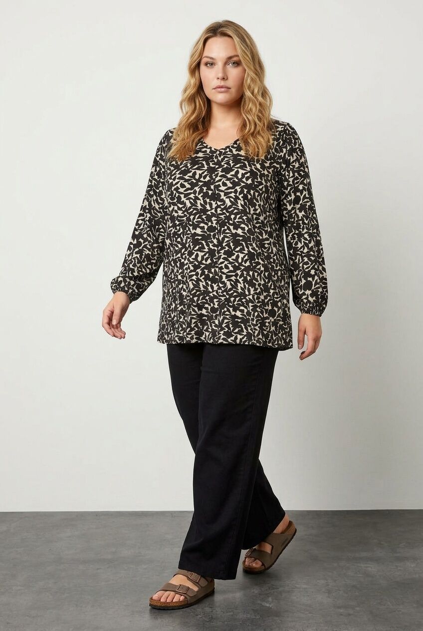 Plus Size V-Neck Long Sleeve Patterned Blouse with Elasticated Cuffs