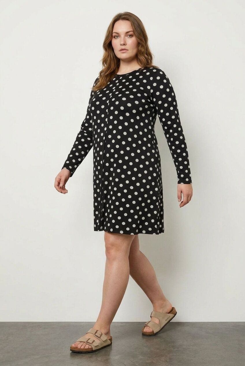 Plus Size V-Neck Long Sleeve Polka Dot Short Dress