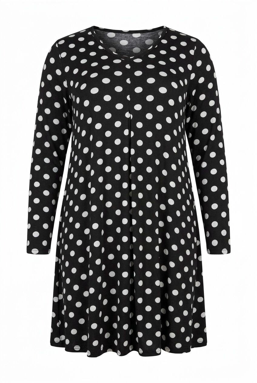 Plus Size V-Neck Long Sleeve Polka Dot Short Dress