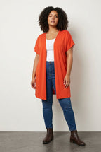 Plus Size Slit-Detailed Buttonless Stretchy Fabric Short Sleeve Cardigan