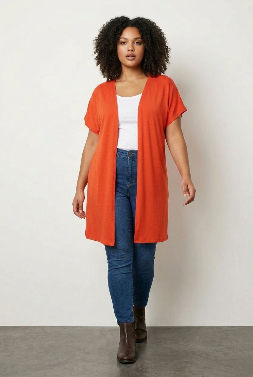 Plus Size Slit-Detailed Buttonless Stretchy Fabric Short Sleeve Cardigan