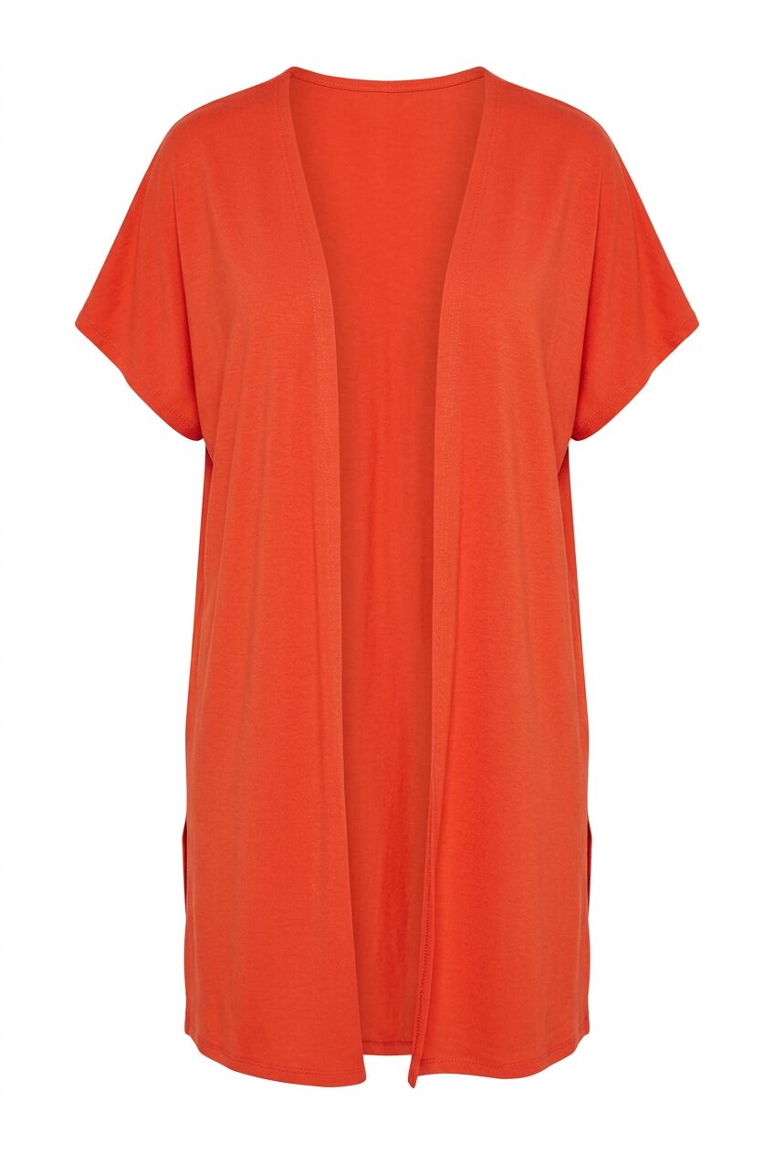 Plus Size Slit-Detailed Buttonless Stretchy Fabric Short Sleeve Cardigan