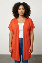 Plus Size Slit-Detailed Buttonless Stretchy Fabric Short Sleeve Cardigan
