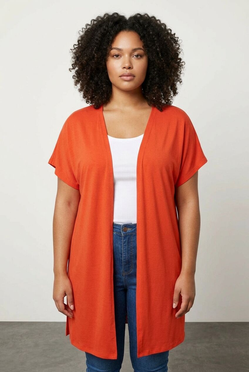 Plus Size Slit-Detailed Buttonless Stretchy Fabric Short Sleeve Cardigan