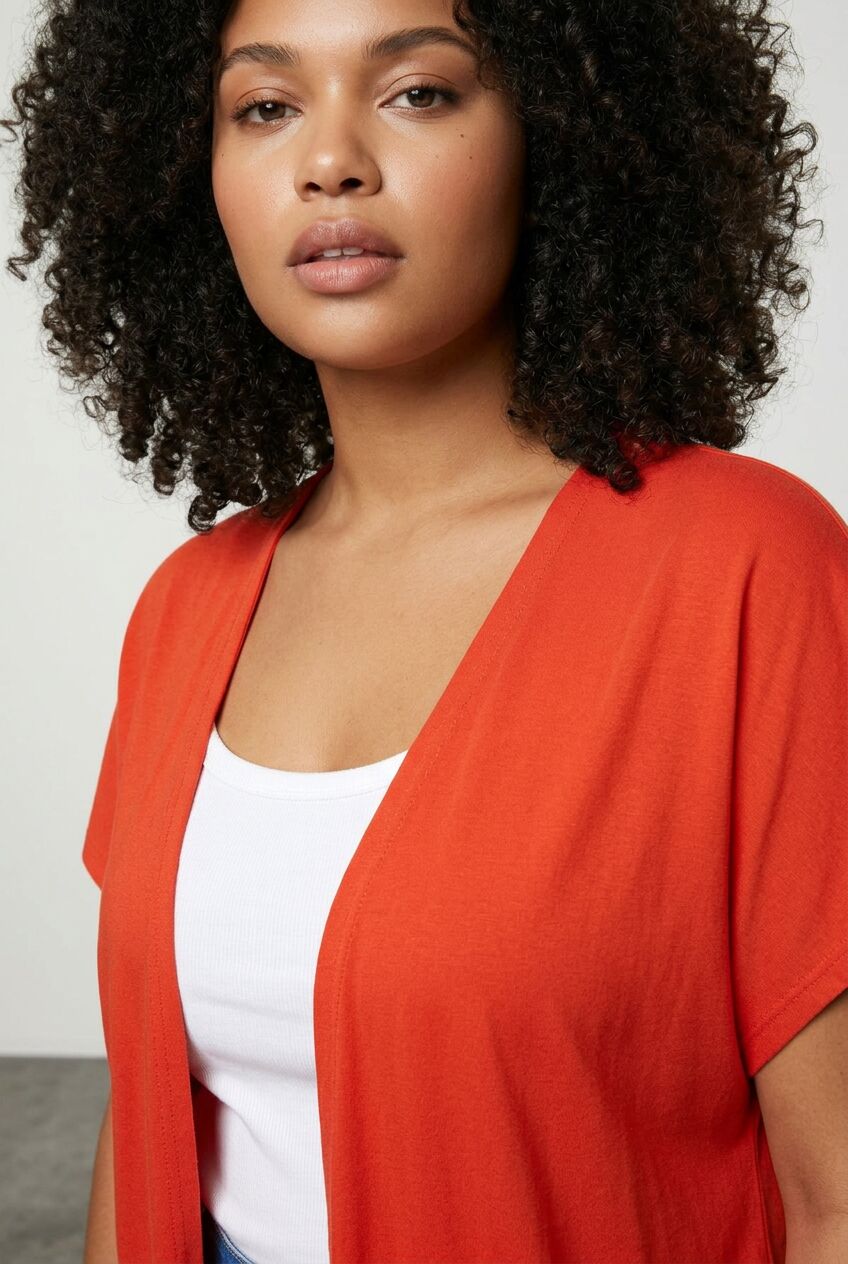 Plus Size Slit-Detailed Buttonless Stretchy Fabric Short Sleeve Cardigan
