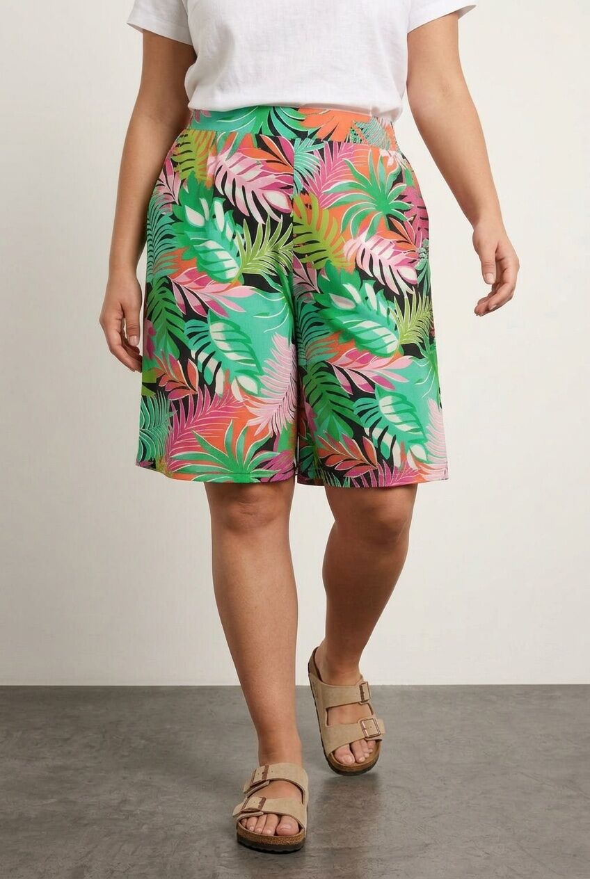 Plus Size Patterned Loose Fit Stretchy Shorts with Elastic Waist