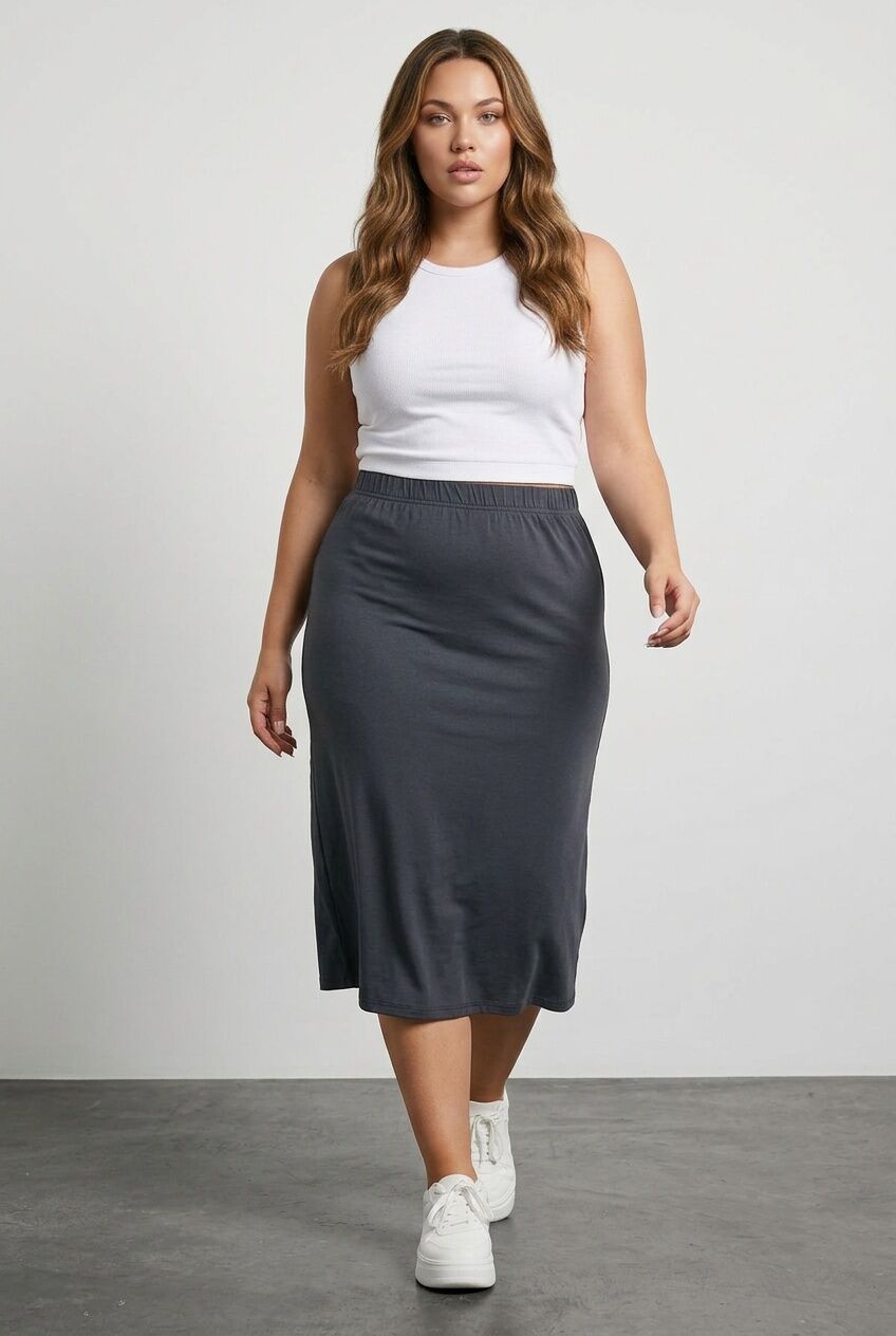 Plus Size Elastic Waist Relaxed Fit Midi Length Skirt