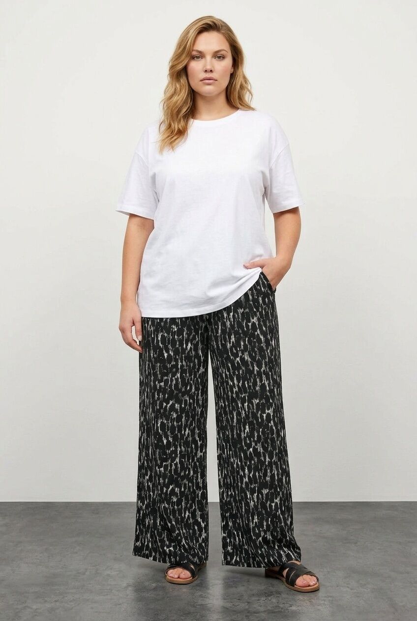 Plus Size Patterned Wide Leg Pants with Elastic Waist and Pockets