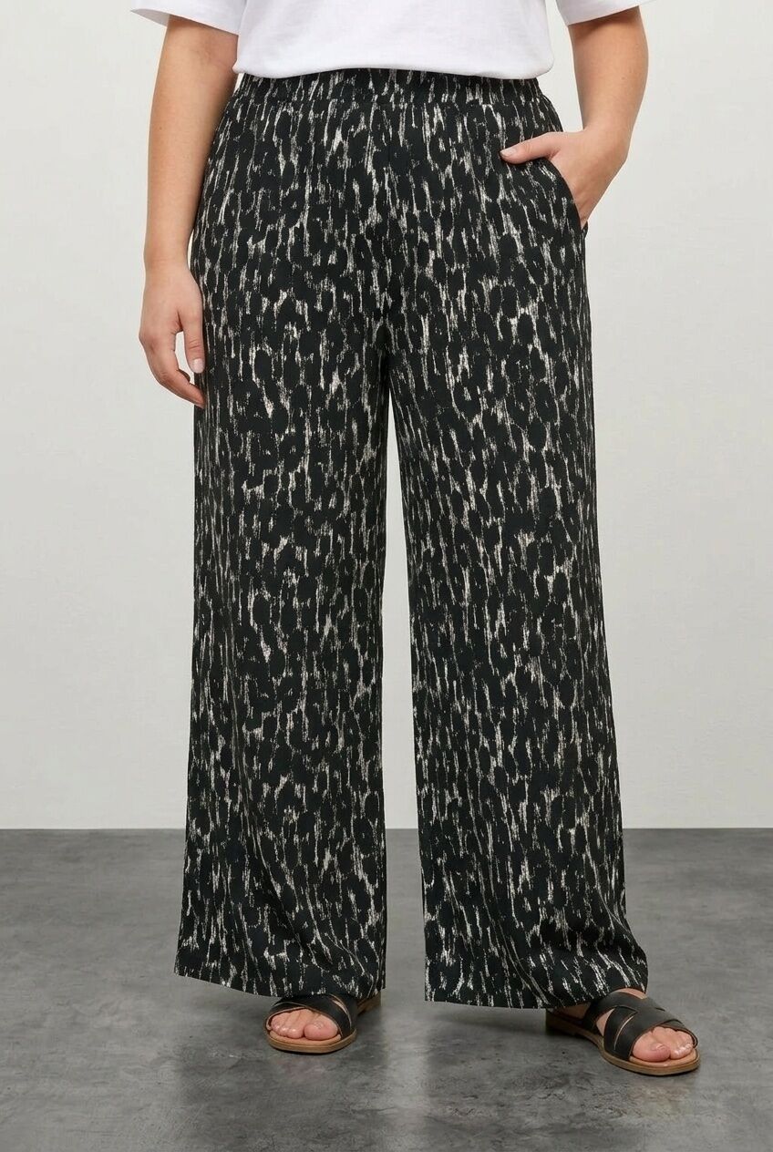 Plus Size Patterned Wide Leg Pants with Elastic Waist and Pockets