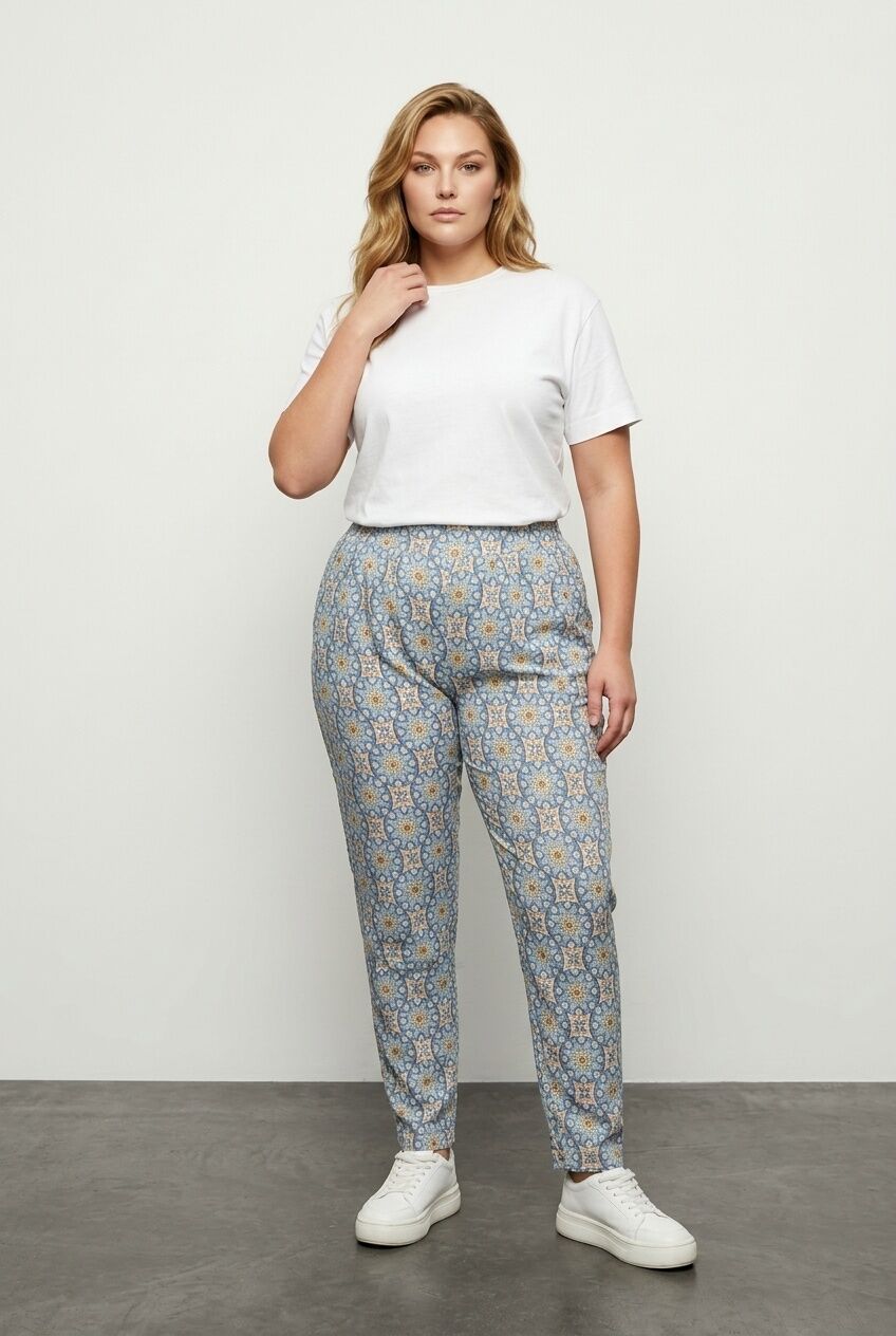 Plus Size Elastic Waist and Cuffed Patterned Pocketed Pants
