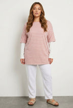 Plus Size Crew Neck Double Layered Striped Sleeve T-shirt
