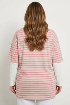 Plus Size Crew Neck Double Layered Striped Sleeve T-shirt